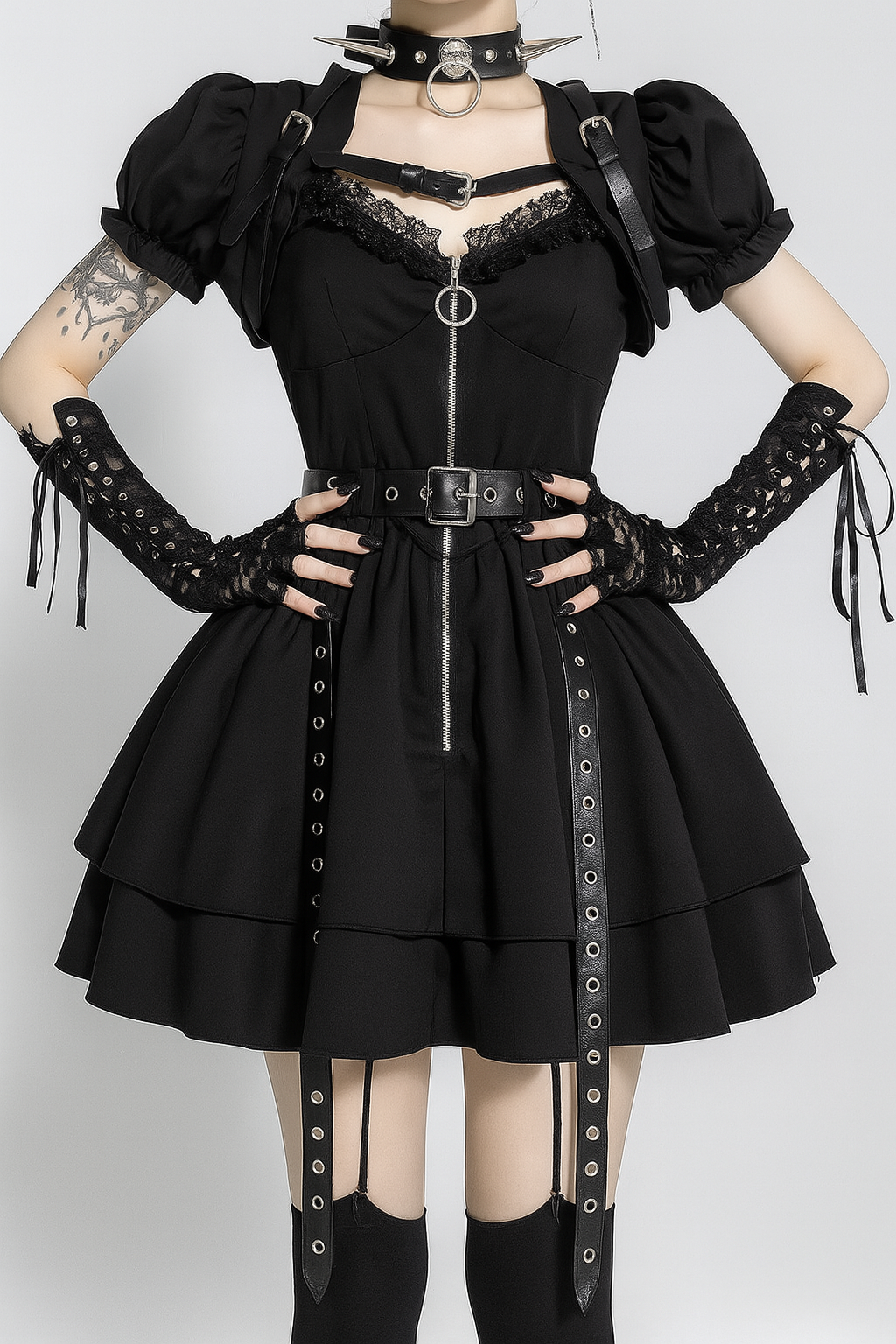 Gothic Punk Flare Dress with Eyelet Details and Zipper