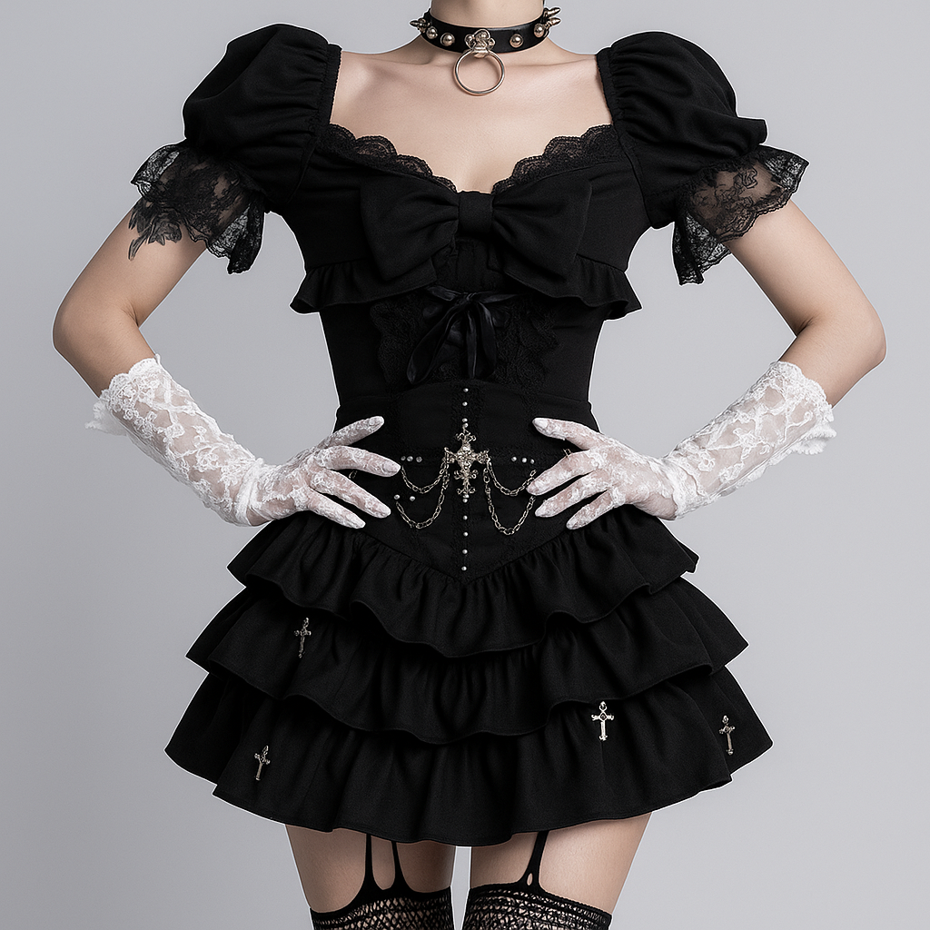 Gothic Black Pleated Mini Skirt with Dark Cross Accent