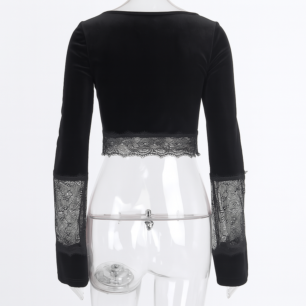 Sheer Lace Flared Sleeve Crop Top