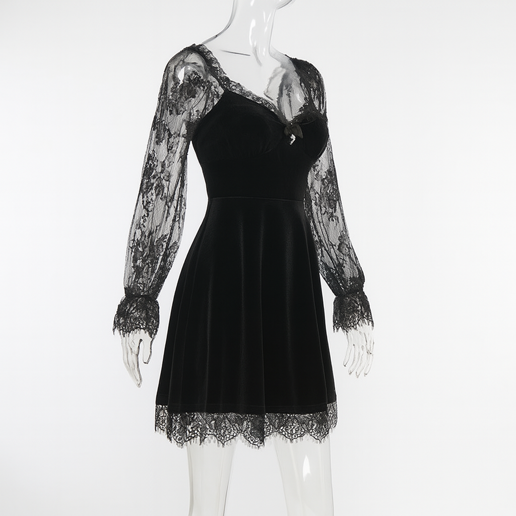 Gothic Ruffled Lace Mini Dress in Black Red and Burgundy