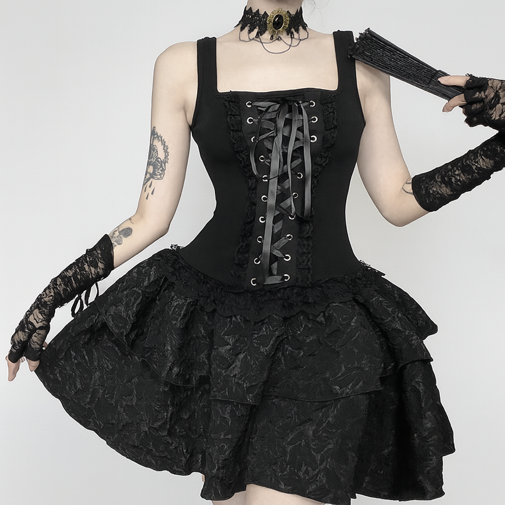 Lace-Up Square Neck Gothic Dress with Ruffle Skirt