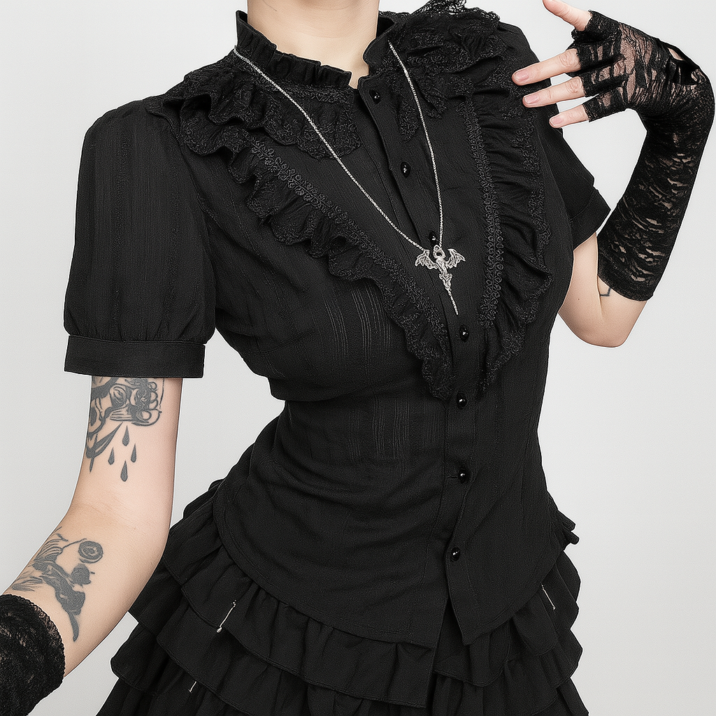 Gothic Black Ruffle Cardigan with Stand Collar