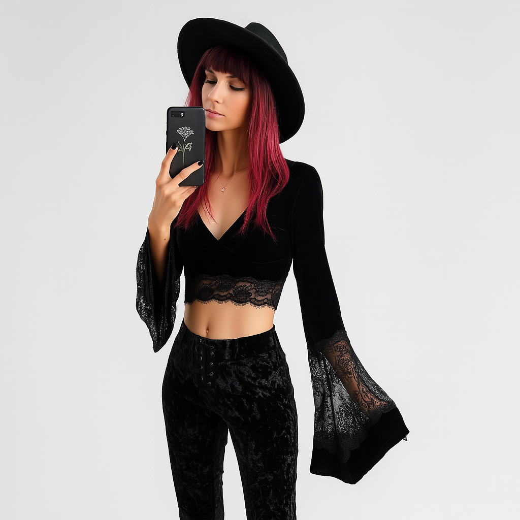 Sheer Lace Flared Sleeve Crop Top