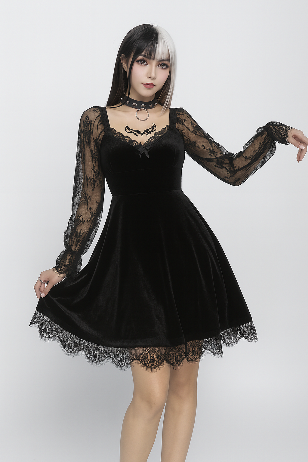 Gothic Ruffled Lace Mini Dress in Black Red and Burgundy