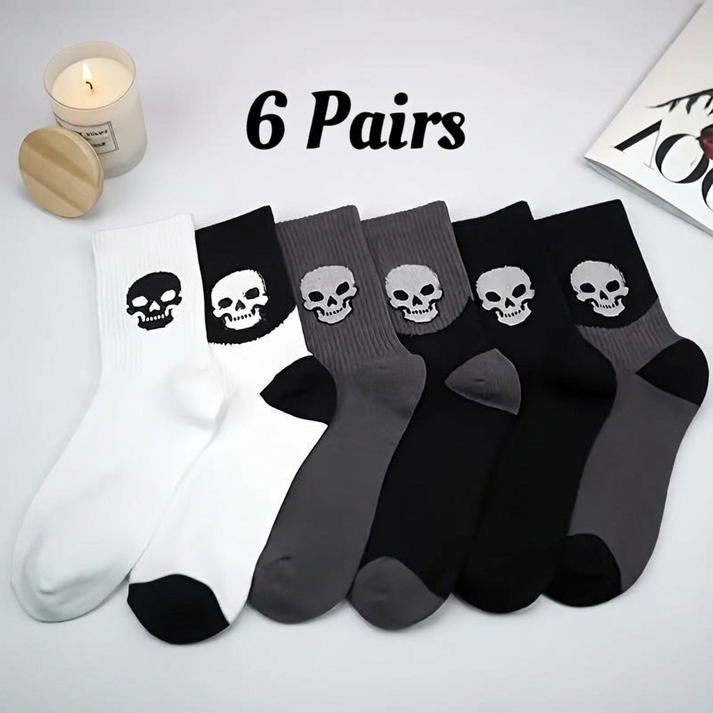 6 Pairs Halloween Skull Print Socks - Comfortable, Casual, and Versatile Knee-High Socks for Couples, Machine Washable, 280g/m², Casual Wear|Skull Print Socks| Construction