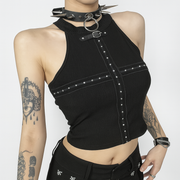 Edgy Halter Neck Gothic Crop Top with Studs and Button Details