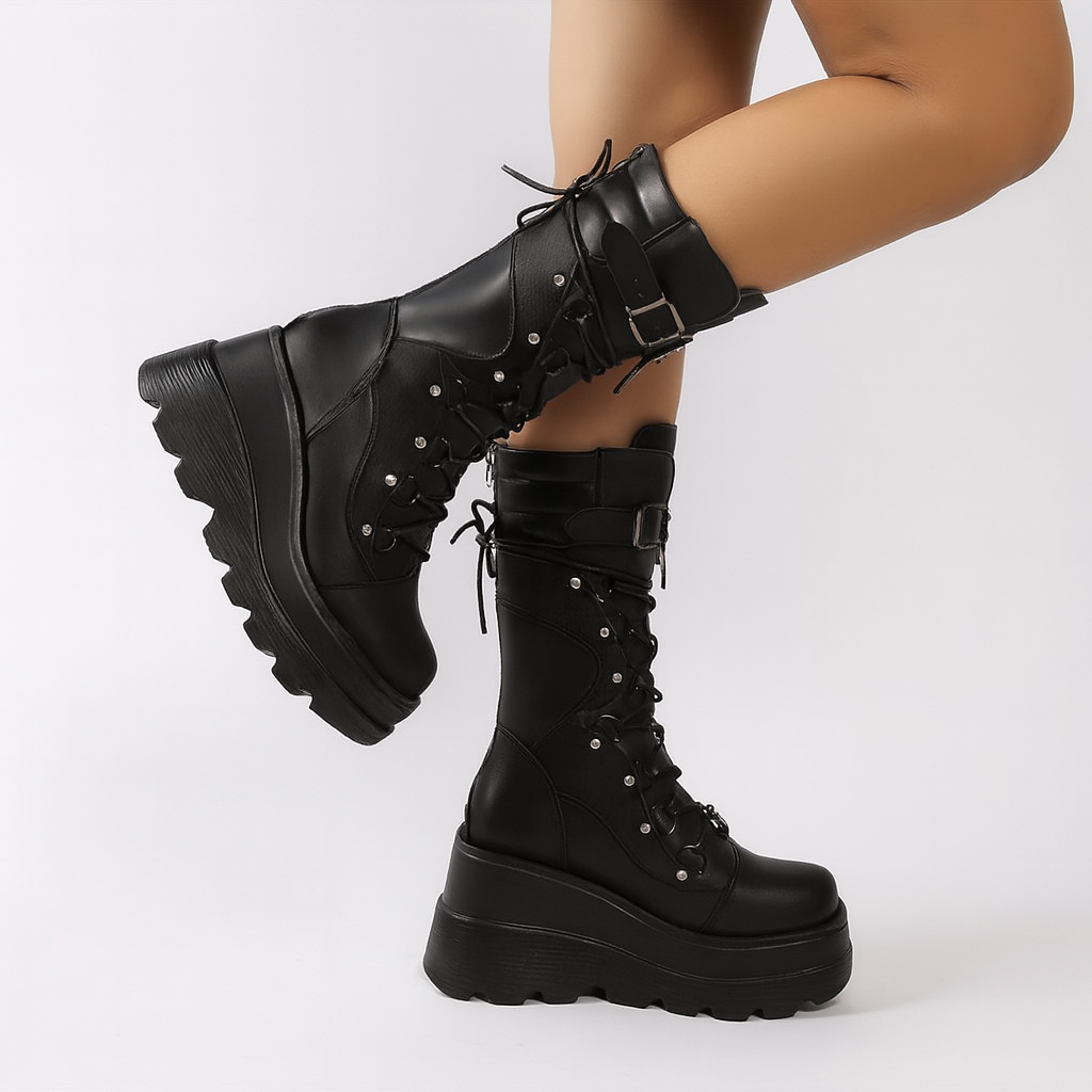 Women's Metal Beads Decor Wedge Heeled Boots, Fashion Lace Up Punk Style Boots, Stylish Back Zipper Boots
