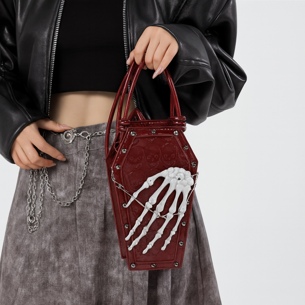 Gothic Skeleton Crossbody Bag, Shoulder Messenger with Zipper Closure, Polyester Lined, Edge Paint Detail, Solid Color, Fashionable for Halloween Horror Theme Events