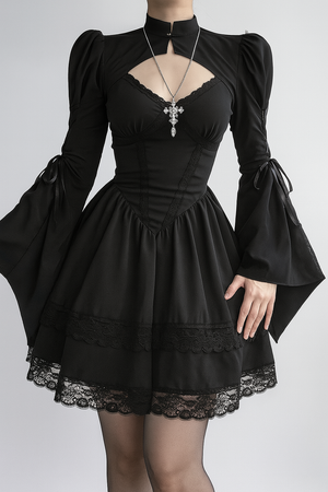 Elegant Gothic Bell Sleeve Dress with Keyhole Detail