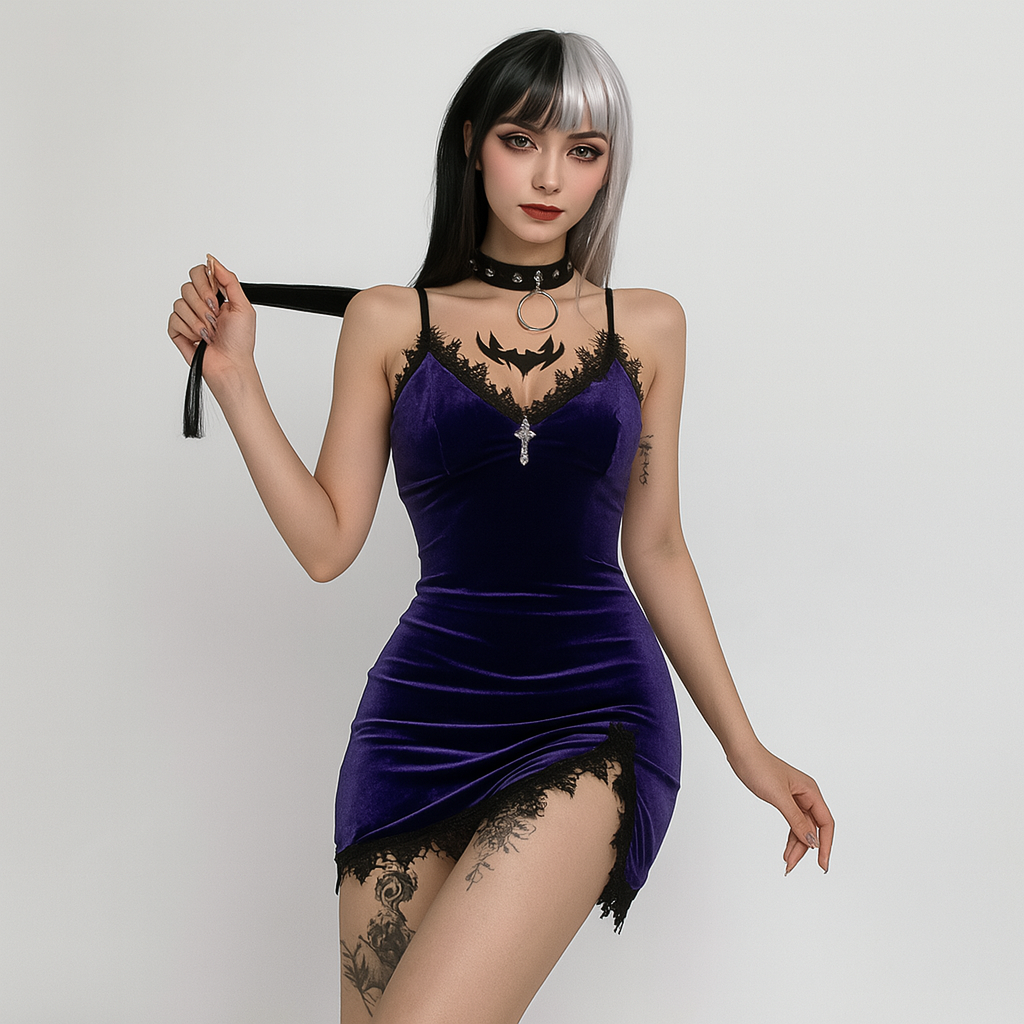 Dark Velvet Lace V-Neck Dress