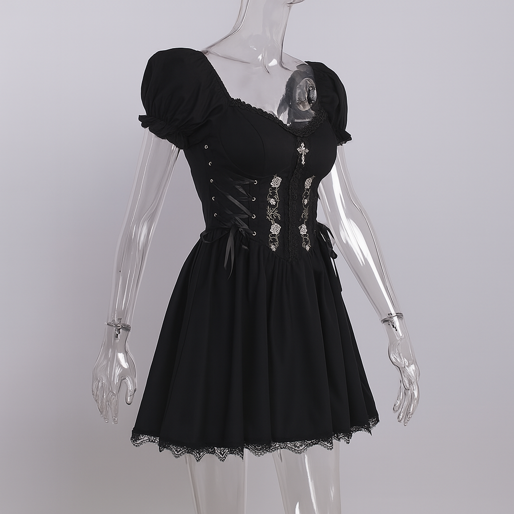 Gothic Black A-Line Mini Dress with V-Neck and Sleeveless Design