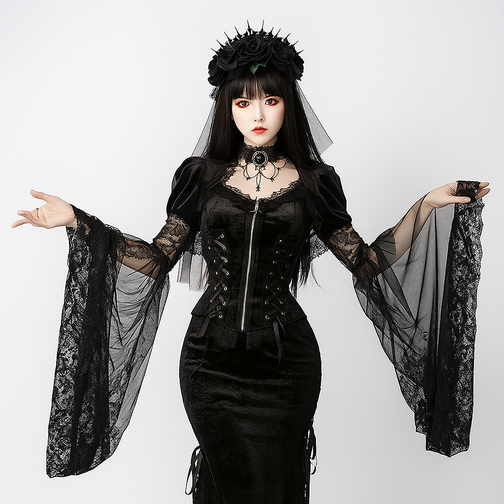 Velvet Cape Top With Flared Sleeves For Gothic Grunge Style