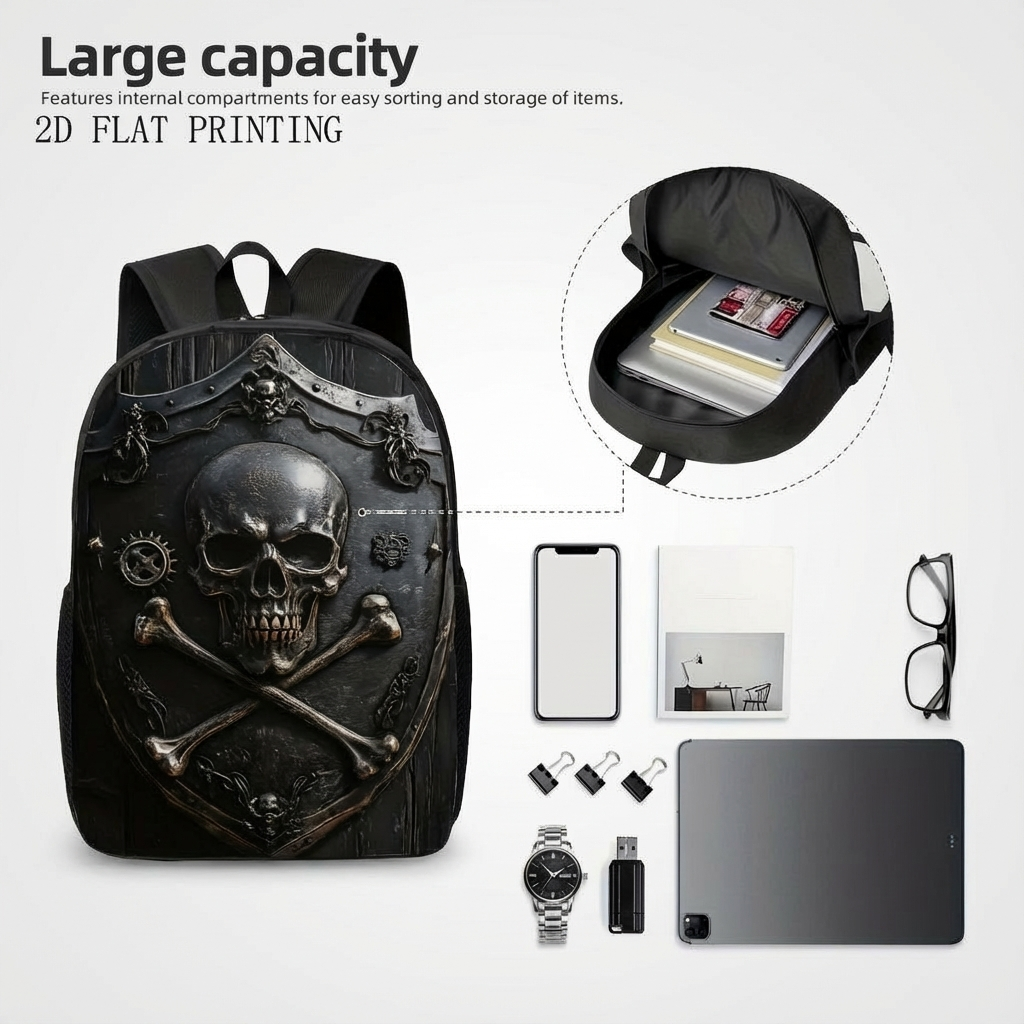 1pc Gothic Skull & Crossbones Backpack - Large Capacity, Ergonomic Design, Secure Zipper Closure, Washable Fabric, Perfect for Work, Travel & Everyday Use