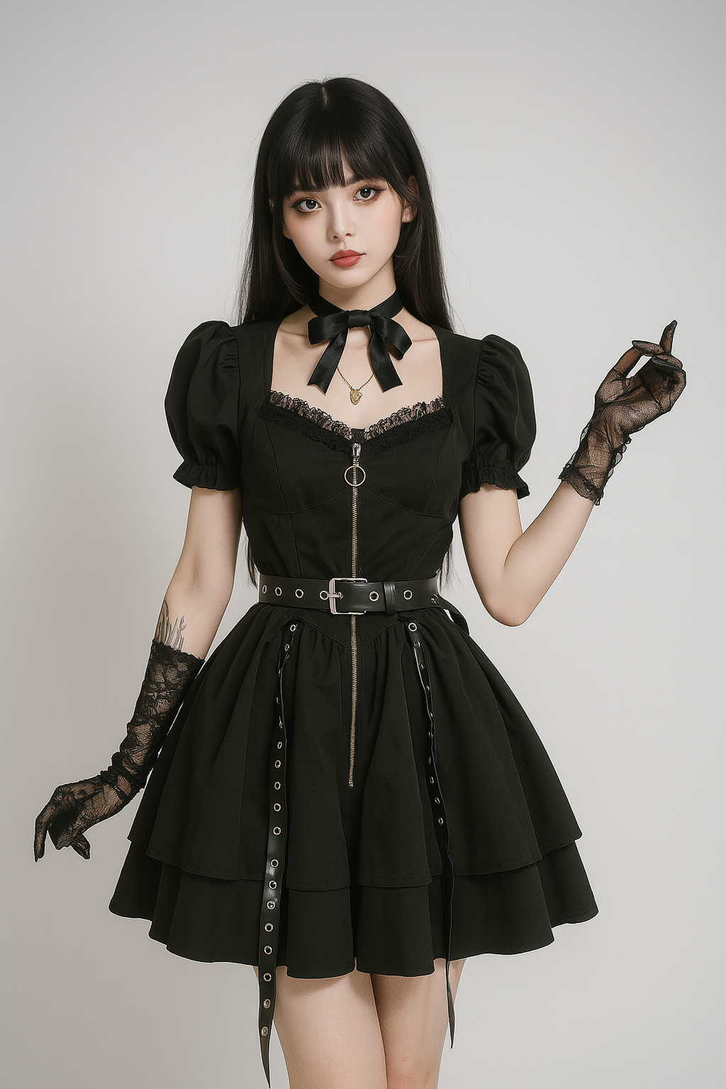 Gothic Punk Flare Dress with Eyelet Details and Zipper