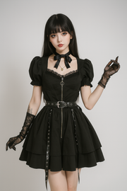 Gothic Punk Flare Dress with Eyelet Details and Zipper