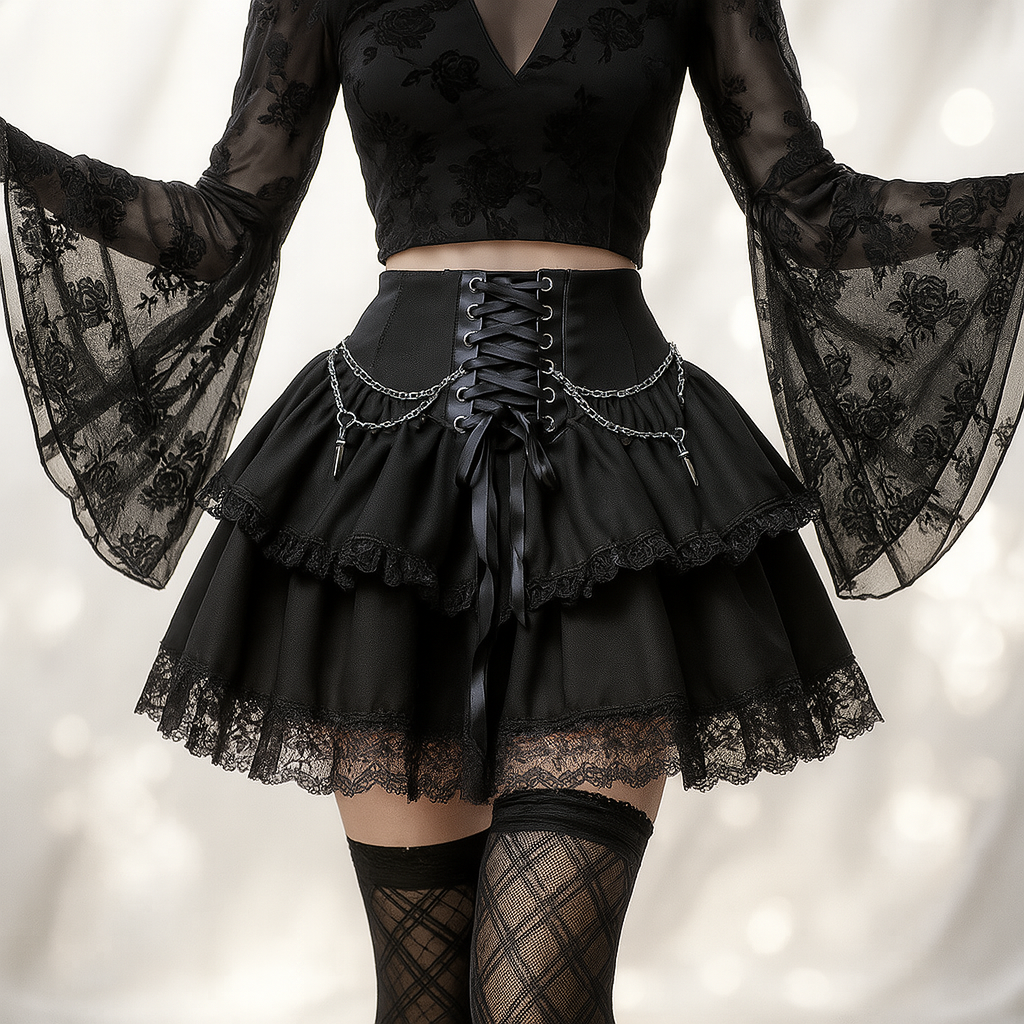 Layered Crosschain Gothic Skirt with Lace and Chains