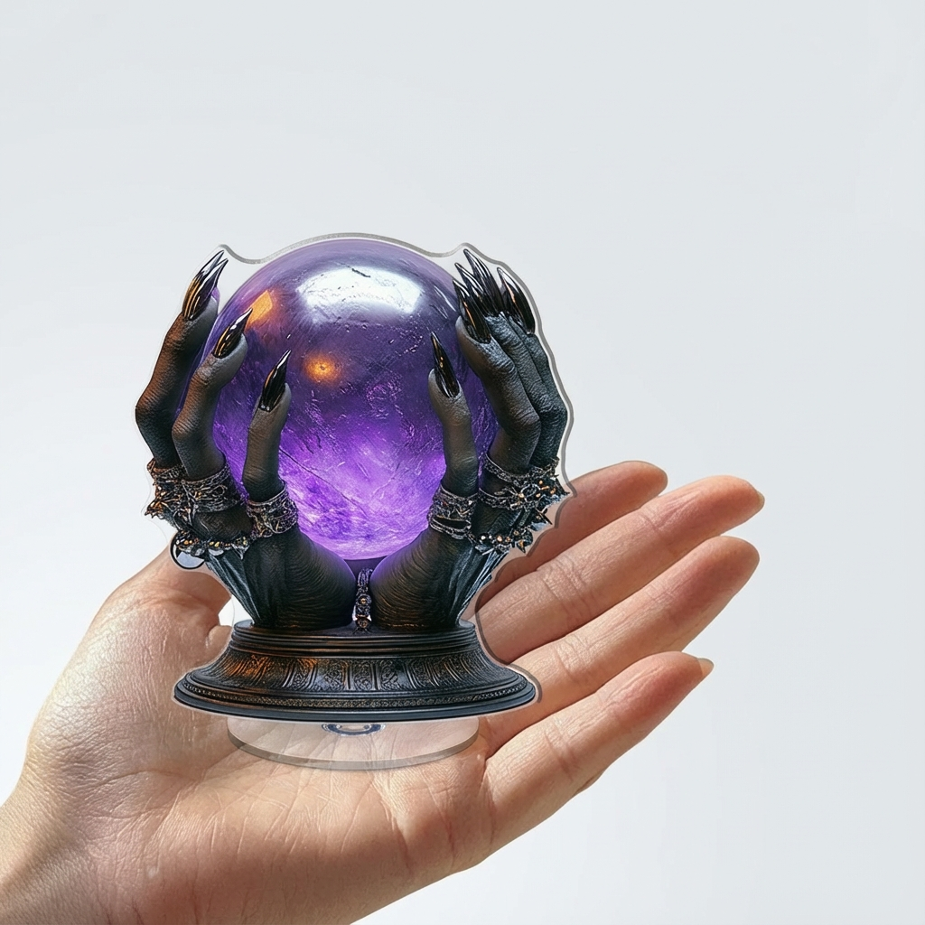 2D Flat, 1pc 2D Flat Rotating Acrylic Desktop Ornament - Witch Hands with Mystical Purple Crystal Ball, 360° Spin Gothic Decor for Halloween & Office, No Electricity Needed, Spooky Room Accent, Intricate Design, Detailed Craftsmanship, Decorative Piece, 2