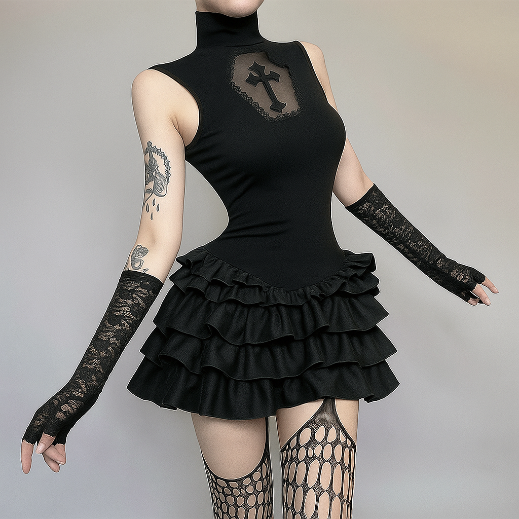 Dark Cross Lace Trim Vest Dress