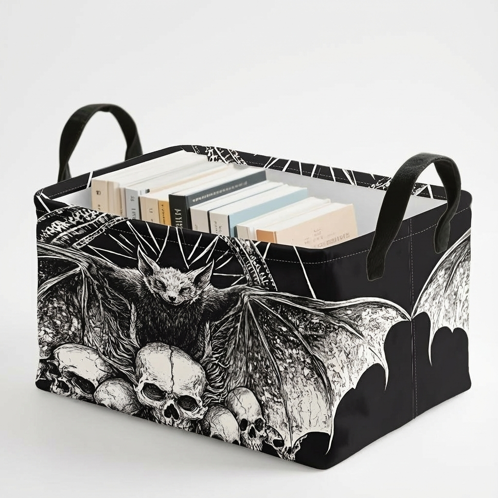 1pc Large Foldable Storage Basket - Gothic Bat & Skull Organizer, Collapsible Halloween Decor, Heavy-Duty Polyester Fabric for Candy, Dorm, Home - Spooky Gothic Home Decoration Gift, Halloween Decorations, Seasonal Organizer, Sturdy Handle Design