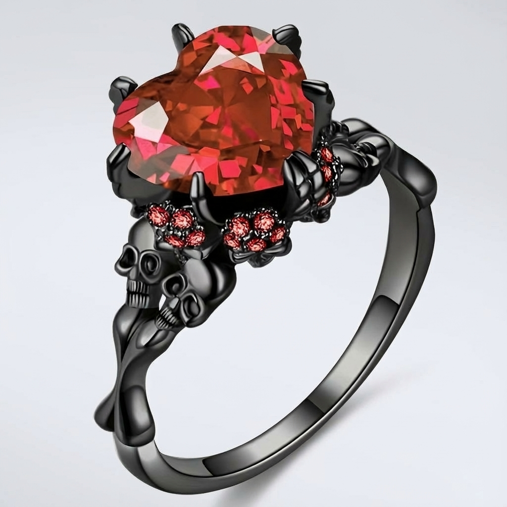 Gothic Black Double Skull Ring with Red Heart-Shaped Crystal – Vintage Women’s Jewelry for Parties, Weddings, and Casual Attire, Skull Jewelry