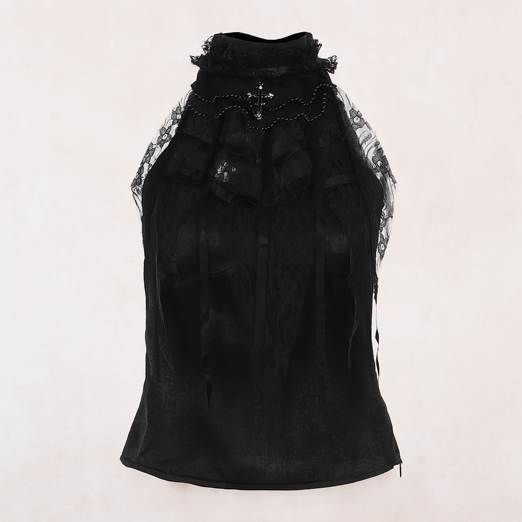 Gothic Rose Ruffle Crop Top with Spiderweb Bow