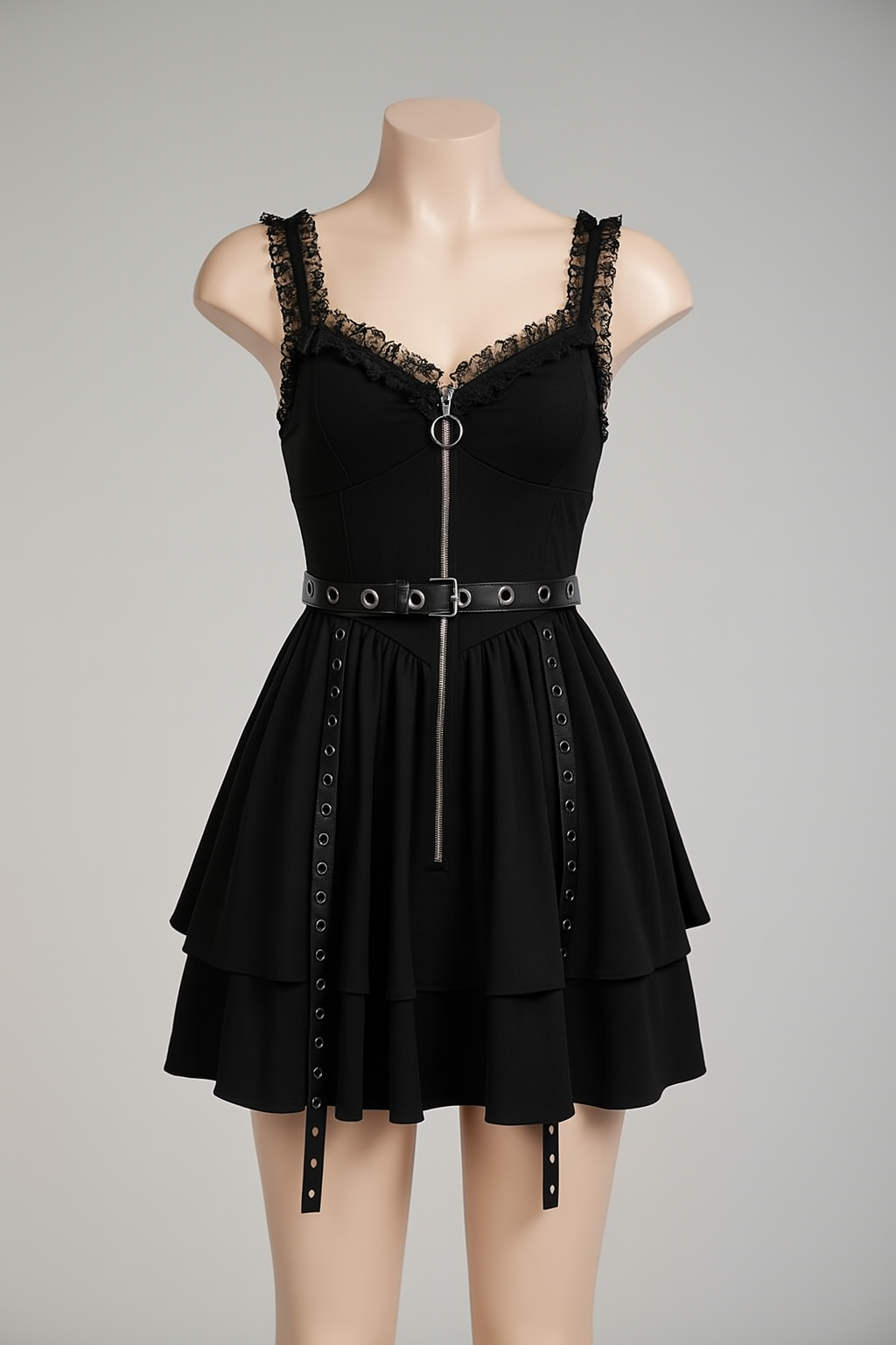 Gothic Punk Flare Dress with Eyelet Details and Zipper