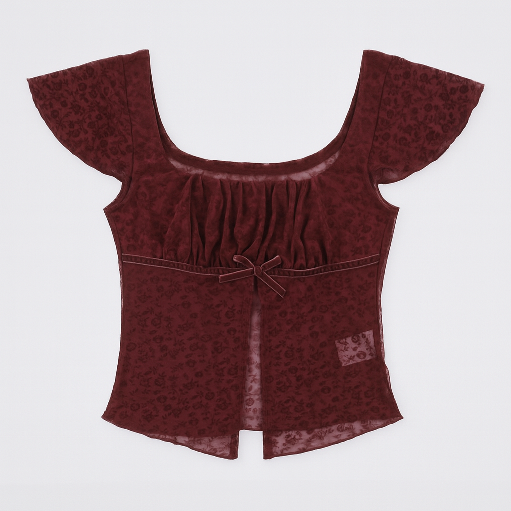 Gothic Red Crop Top with Square Neck and Side Slit