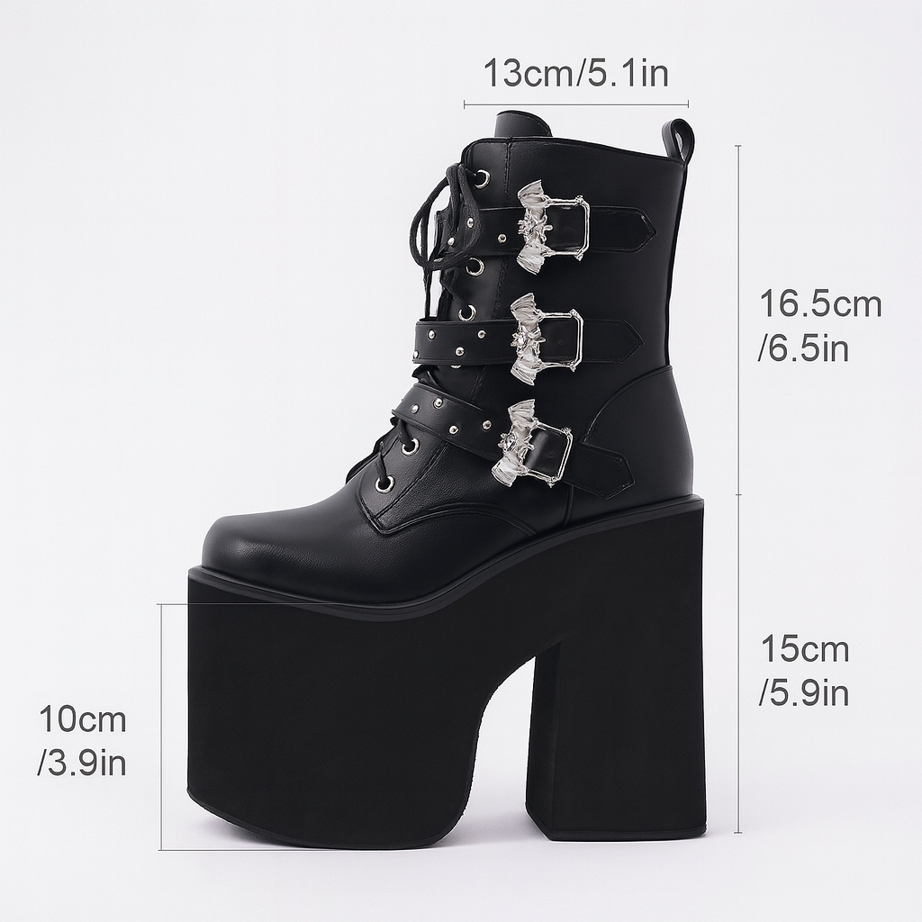 Women'S Mid-Calf Platform Boots, Punk Style Solid Color, with Buckle Detail, Side Zipper, and Lace-Up Front, Flannel Lined, Rubber Sole, Hand Washable, for Dress Occasions, All-Season Comfort, North America & European Special Edition
