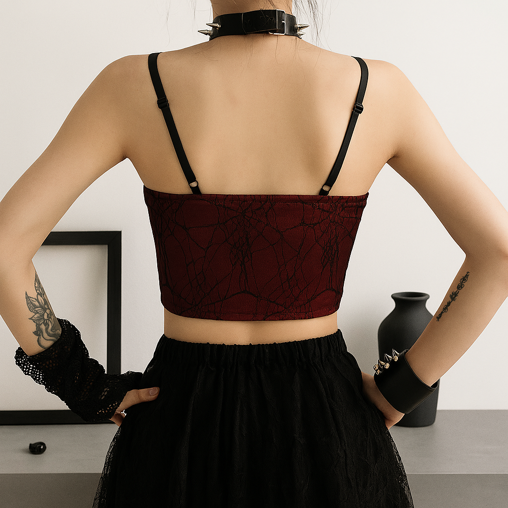 Sexy Gothic Lace-Up Crop Top with Red Cracked Pattern