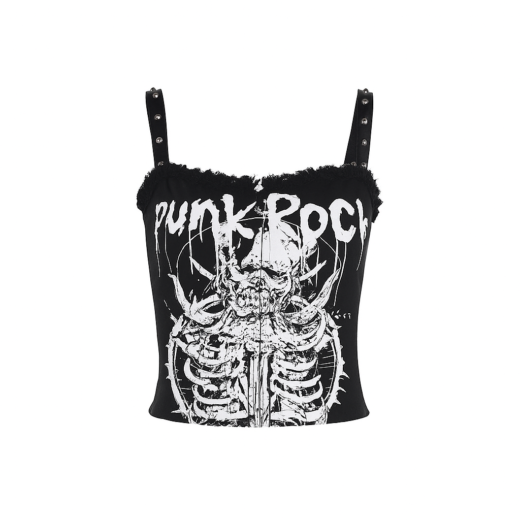 Gothic Black Print Studded Strap Crop Tank with Zipper