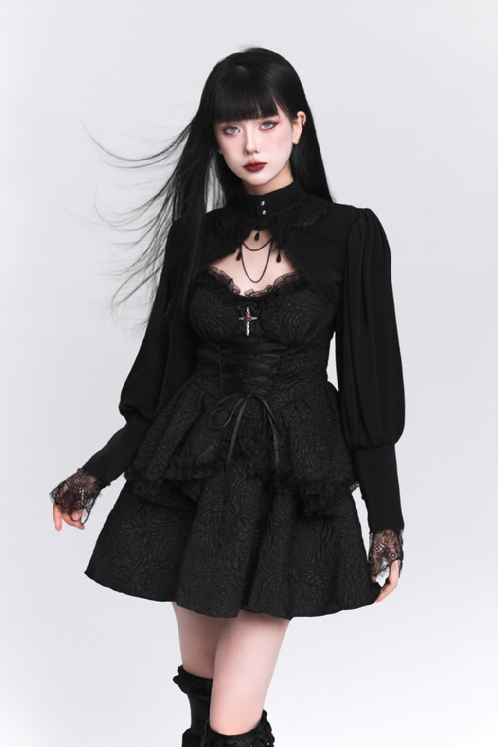 Black Lace-Up Flared Gothic Dress