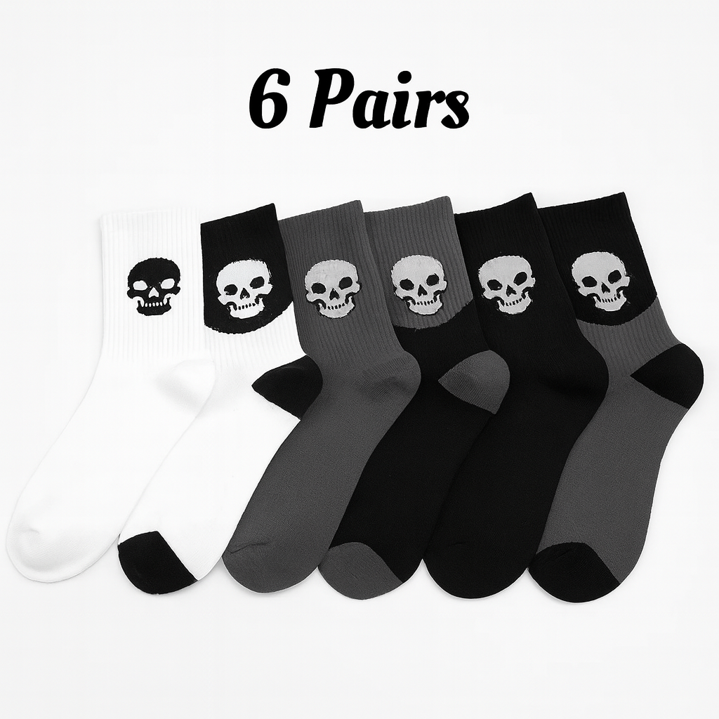 6 Pairs Halloween Skull Print Socks - Comfortable, Casual, and Versatile Knee-High Socks for Couples, Machine Washable, 280g/m², Casual Wear|Skull Print Socks| Construction