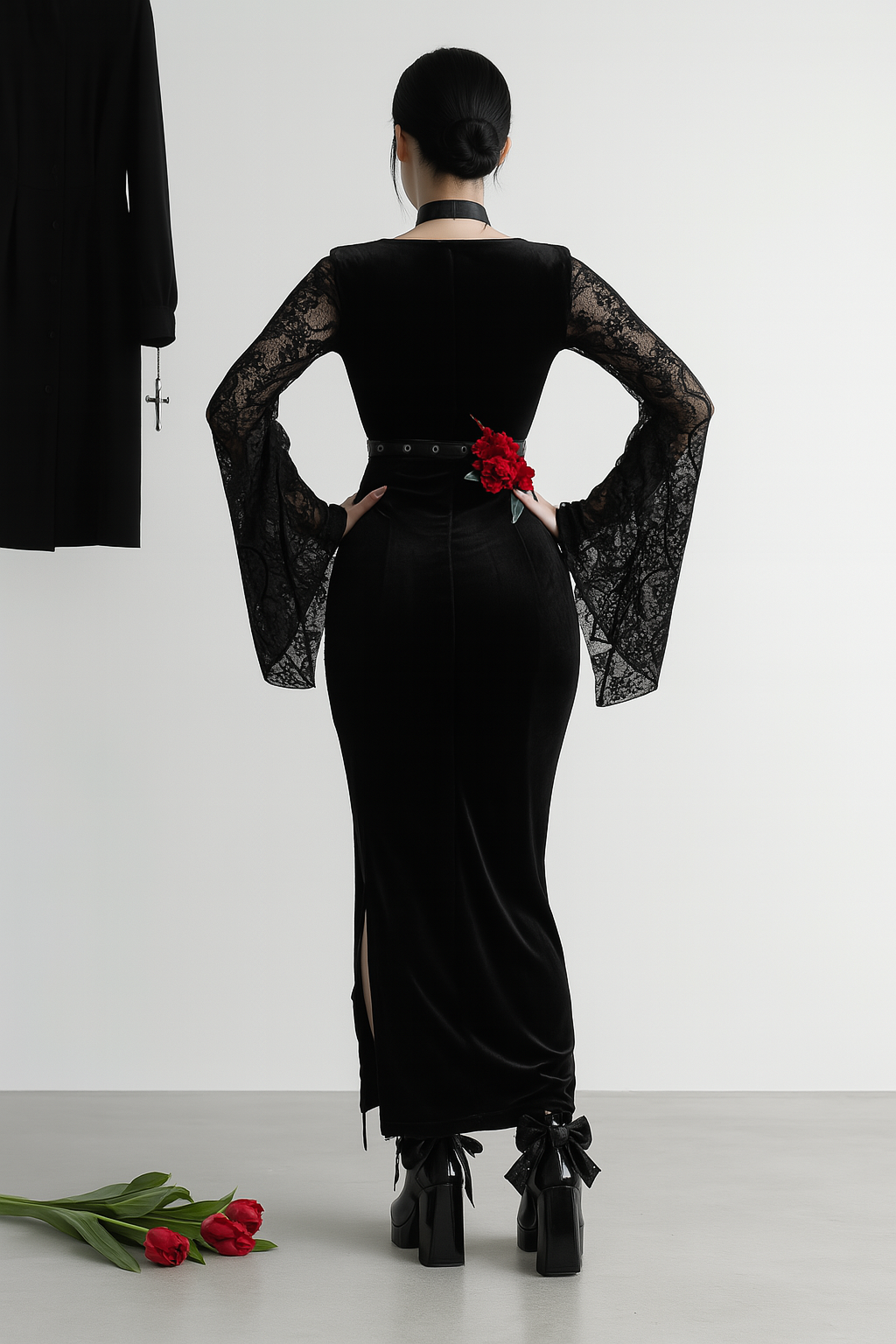 Gothic Belle Dress with Flared Sleeves and Sultry Side Slit