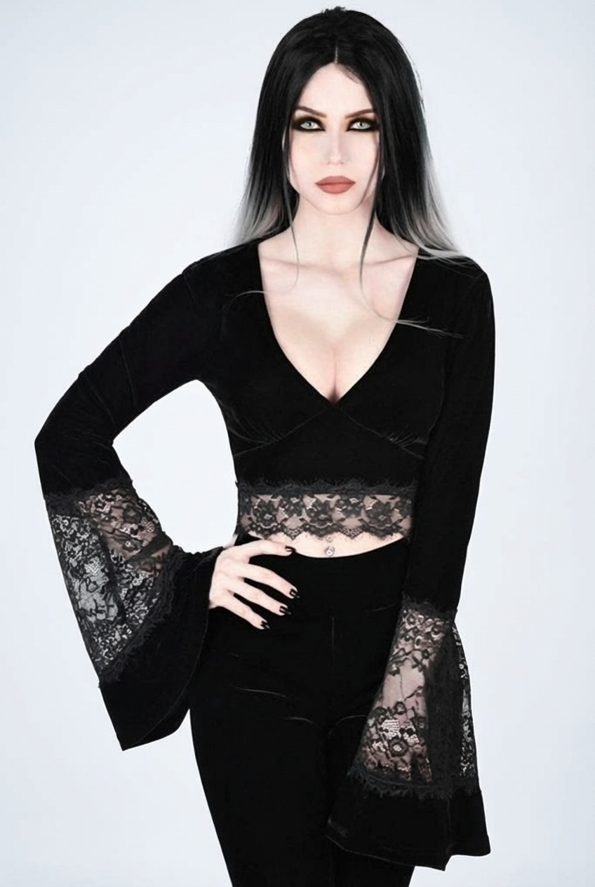 Gothic Lace Velvet Dress with High Slit and Bell Sleeves