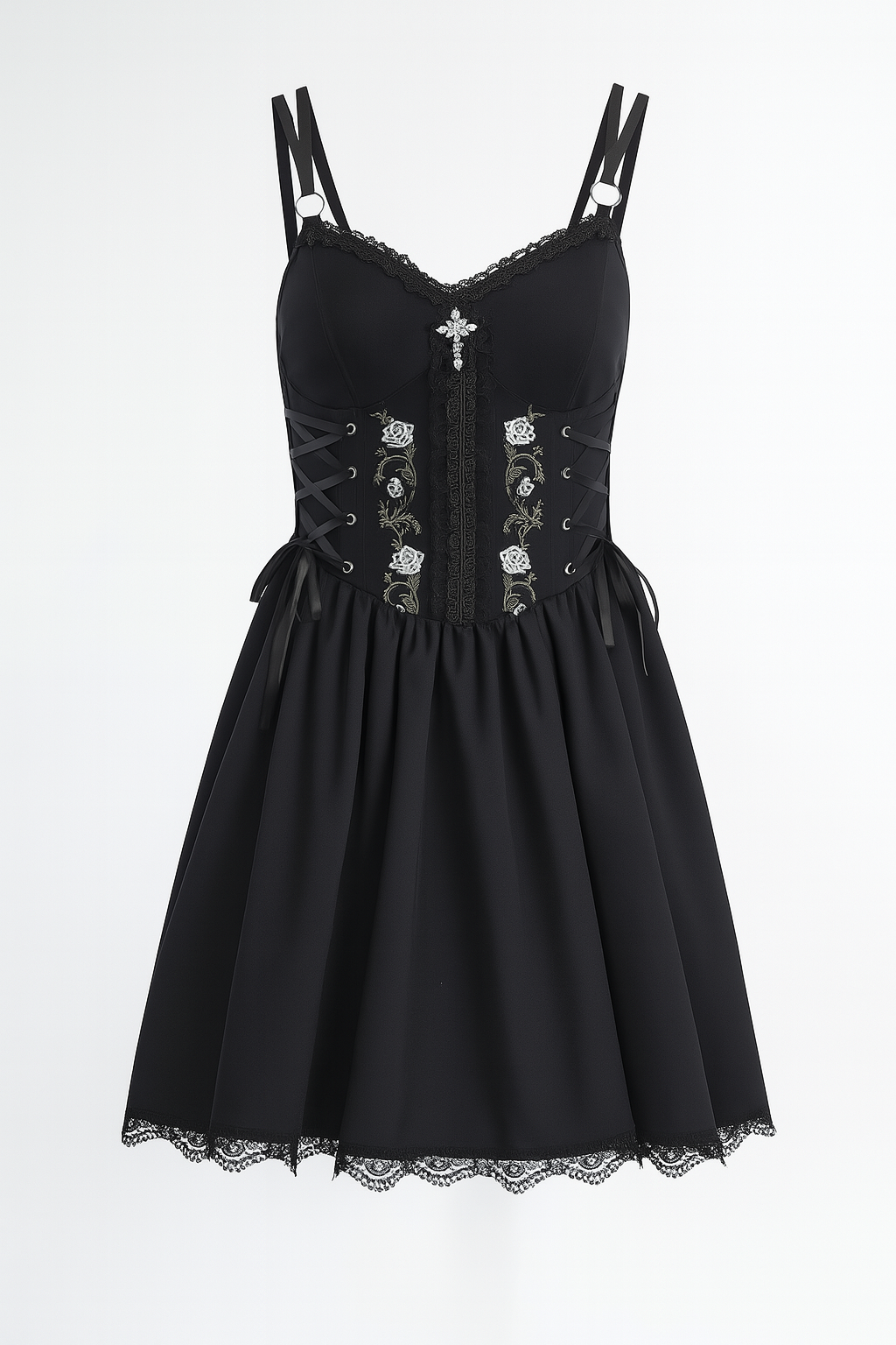 Gothic Elegance A-Line Dress with Lace Detailing