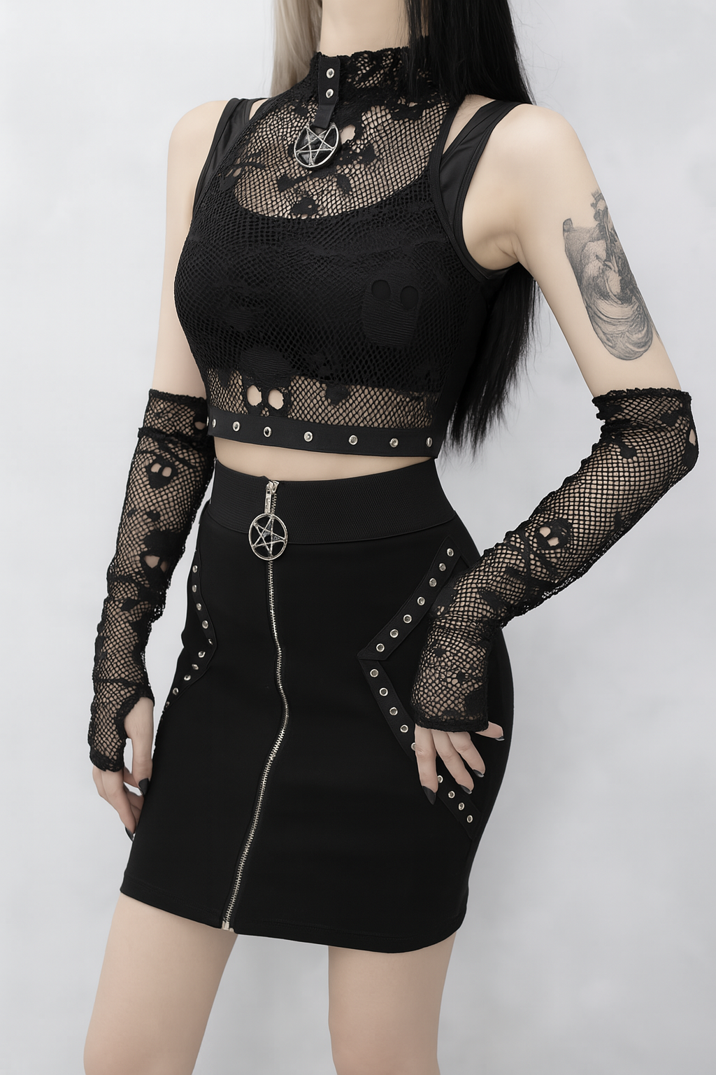 Skull Lace Tank Set with Sheer Mesh Sleeves
