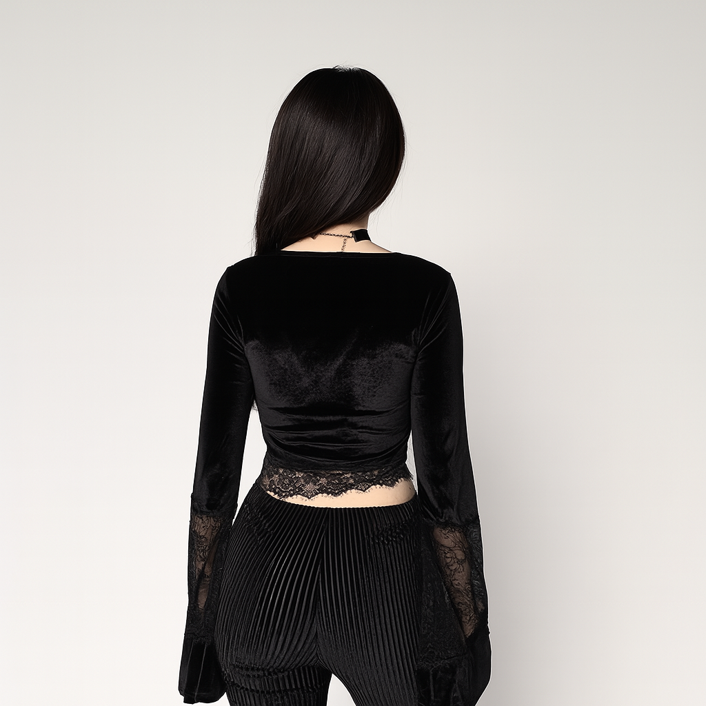 Sheer Lace Flared Sleeve Crop Top