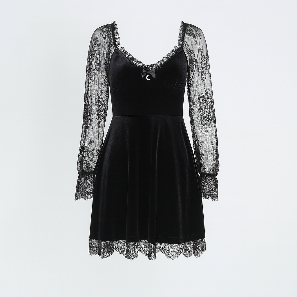 Gothic Ruffled Lace Mini Dress in Black Red and Burgundy