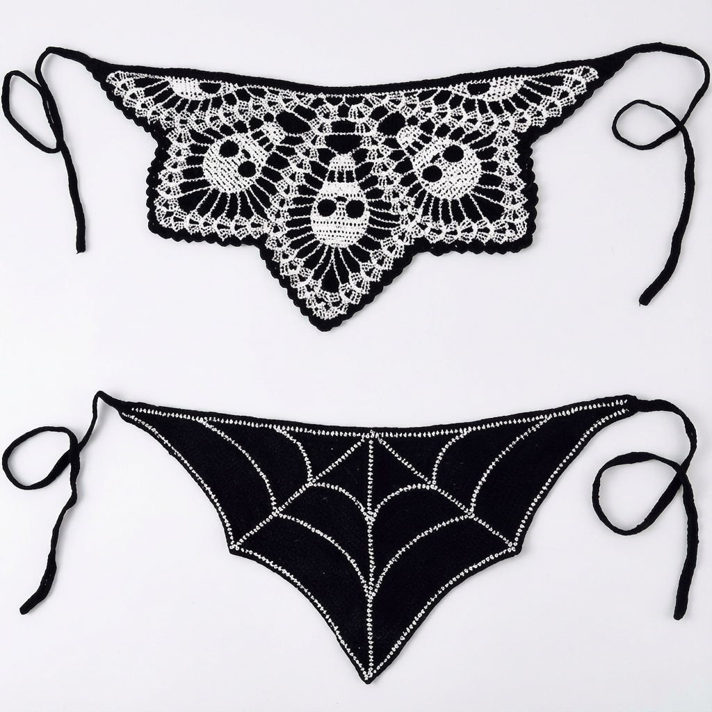 2pcs Gothic Black Skull & Spider Web Crochet Hair Accessories - Black Lace Headbands with Ribbon Bow, Perfect for Halloween & Gothic Fashion, Halloween Hair Decor | Skull Design | Texture