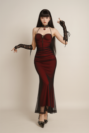 Black Red Halter Neck Mesh Dress for Gothic Fashion