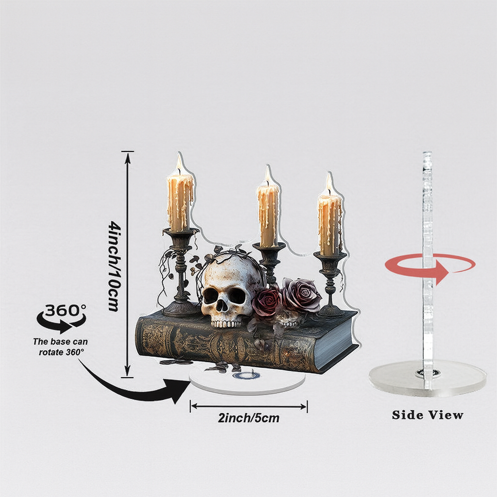 2D Flat, 1pc Gothic Skull & Roses Rotating Acrylic Desktop Decor with Candles - 2D Flat Spooky Halloween Decoration for Home Office, Creative Spaces, Relaxation Areas - No Electricity Needed, Halloween Home Decor, Mystical Ambiance, Elegant Design, 2D Fla