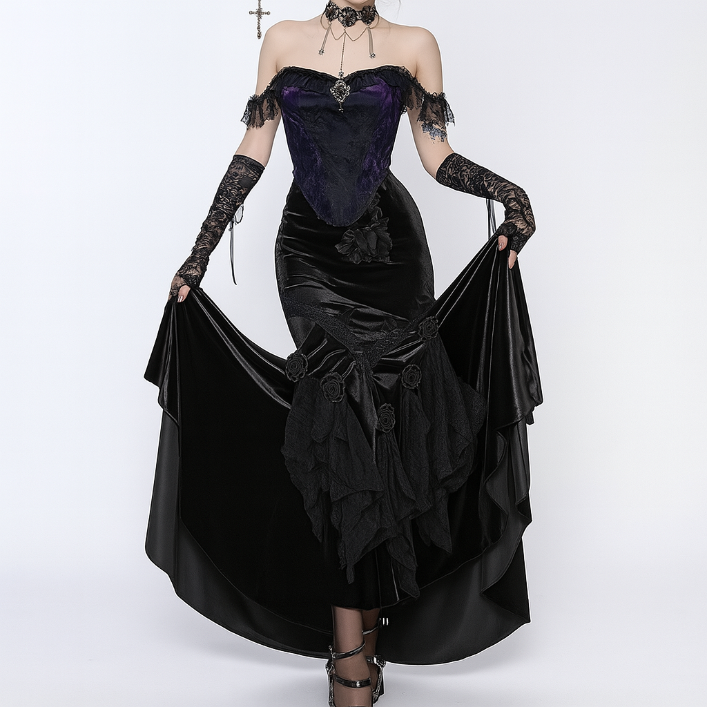 Gothic Ruffled Lace Mini Dress in Black Red and Burgundy