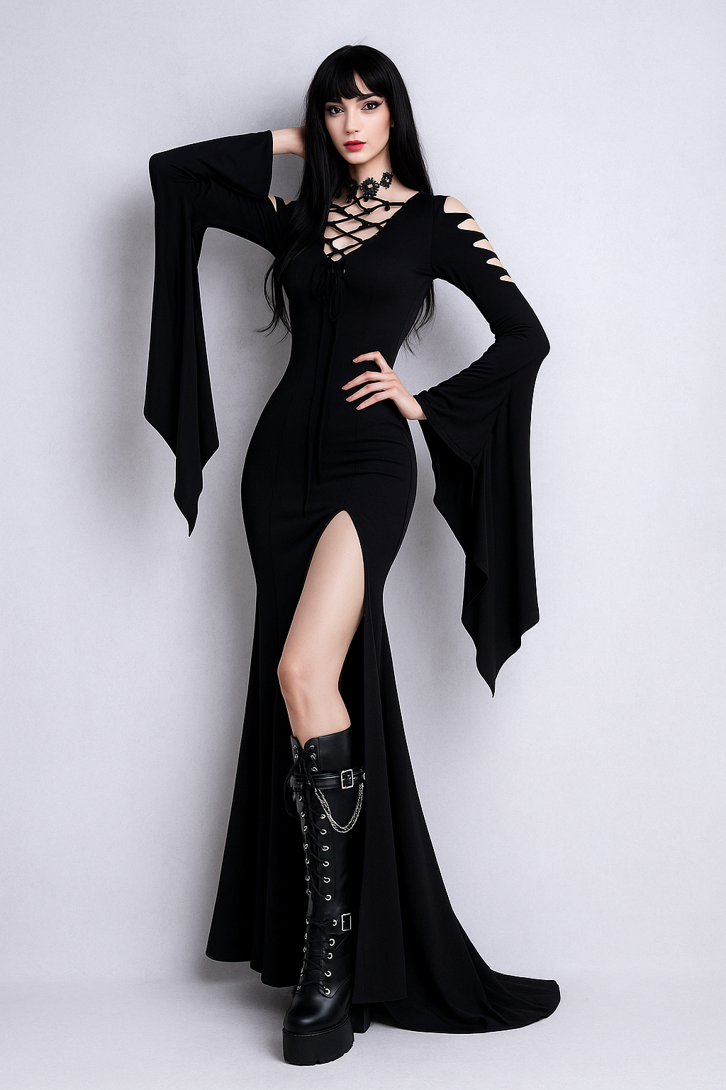 Witchveil Maxi Gothic V-Neck Bat Sleeve Dress