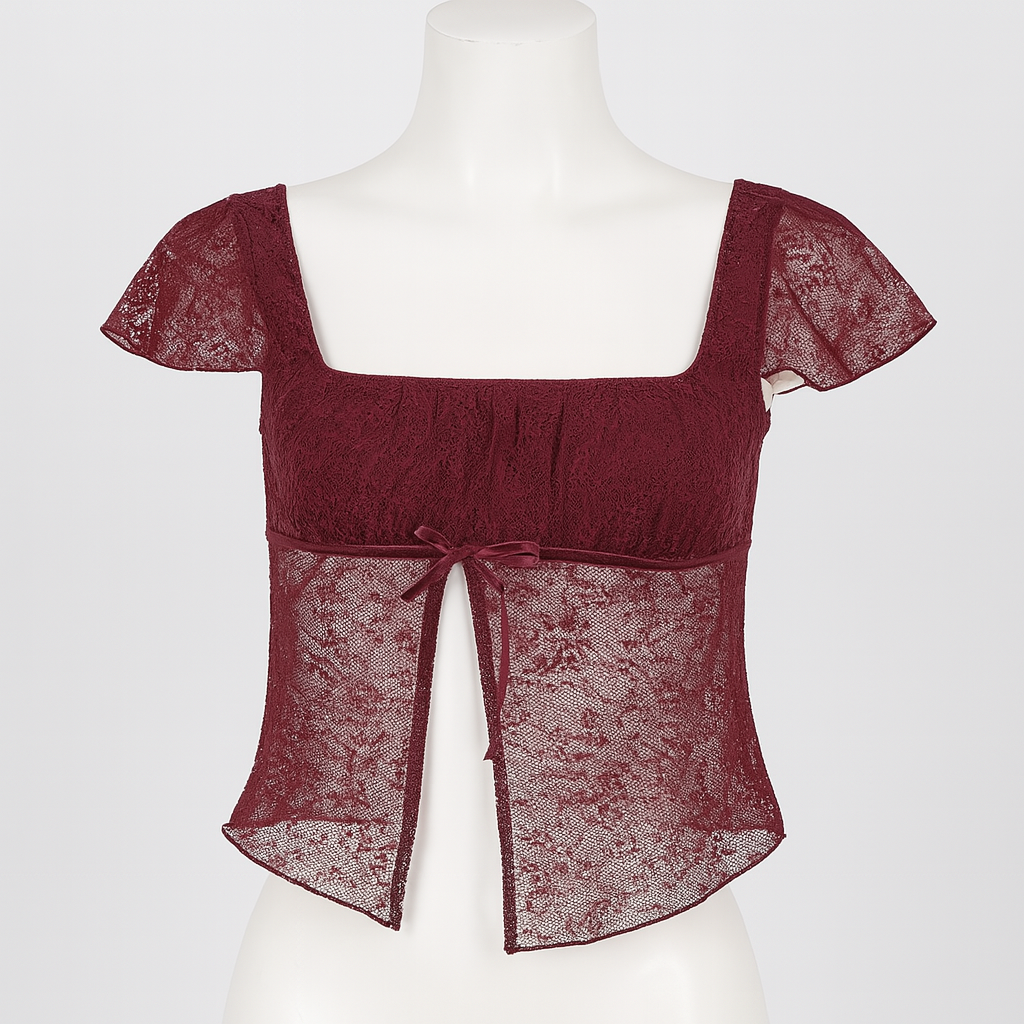 Gothic Red Crop Top with Square Neck and Side Slit