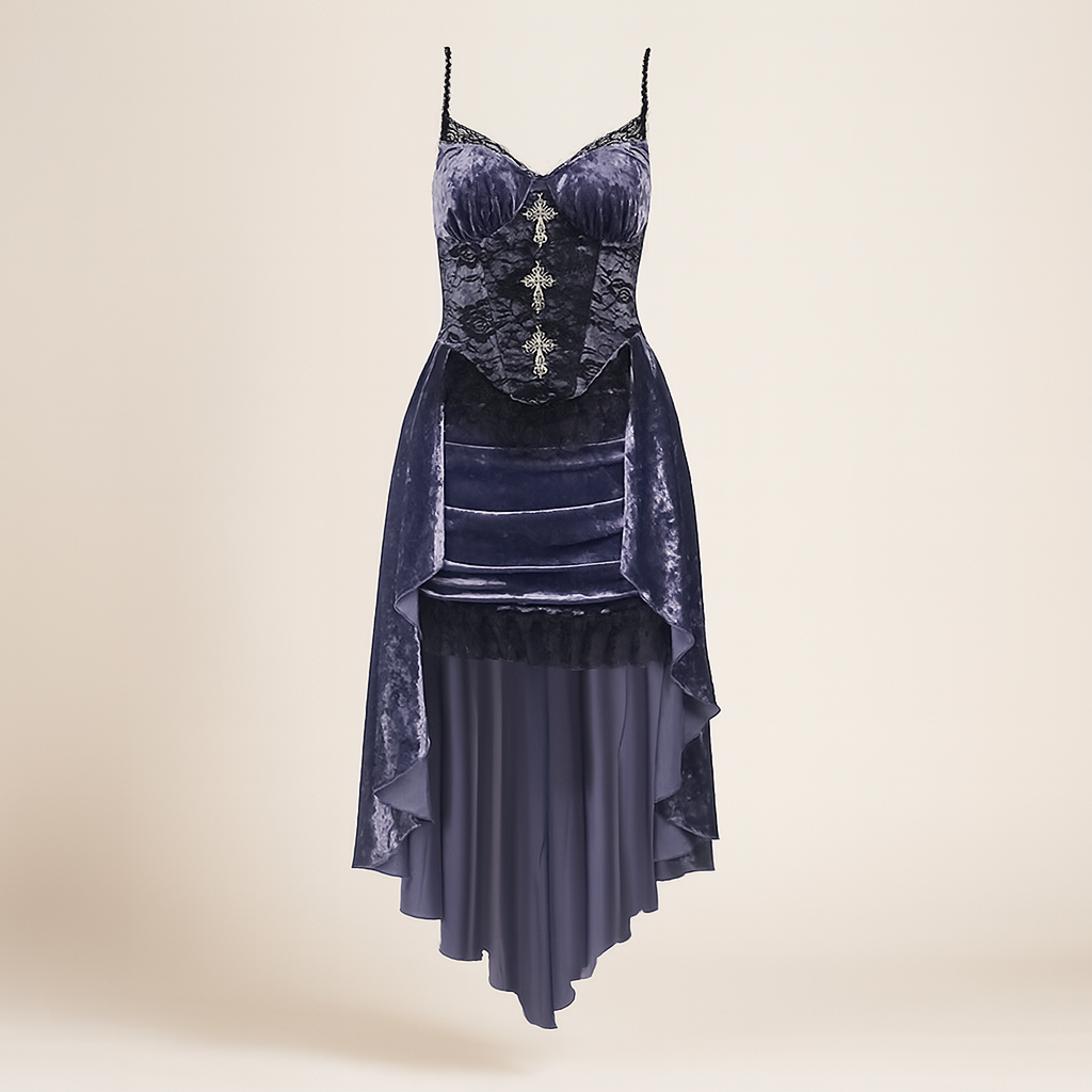 Gothic Purple High-Low Dress with Lace Accents