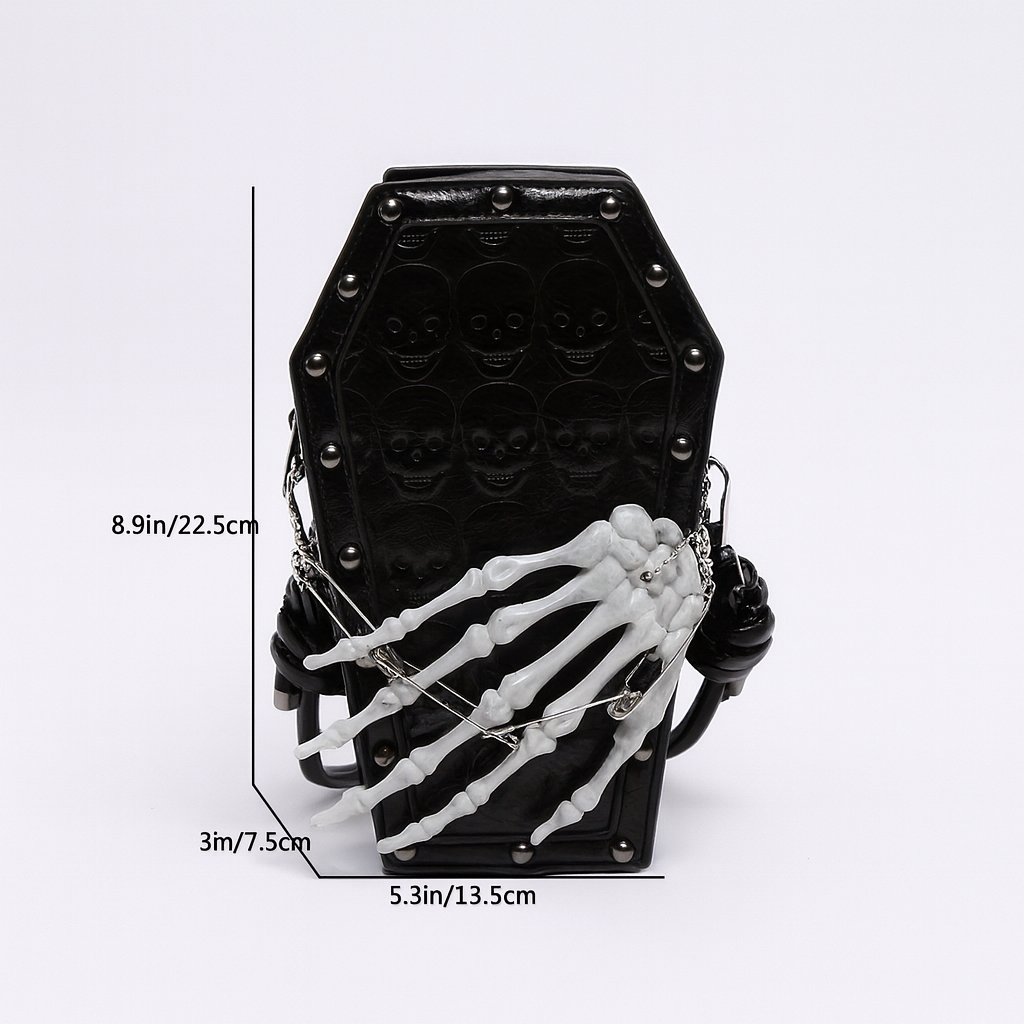Gothic Skeleton Crossbody Bag, Shoulder Messenger with Zipper Closure, Polyester Lined, Edge Paint Detail, Solid Color, Fashionable for Halloween Horror Theme Events