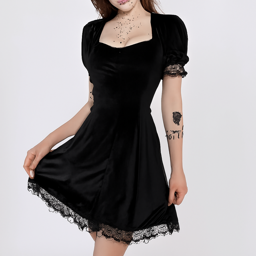 Puff Sleeve Lace Trim Gothic Velvet Dress