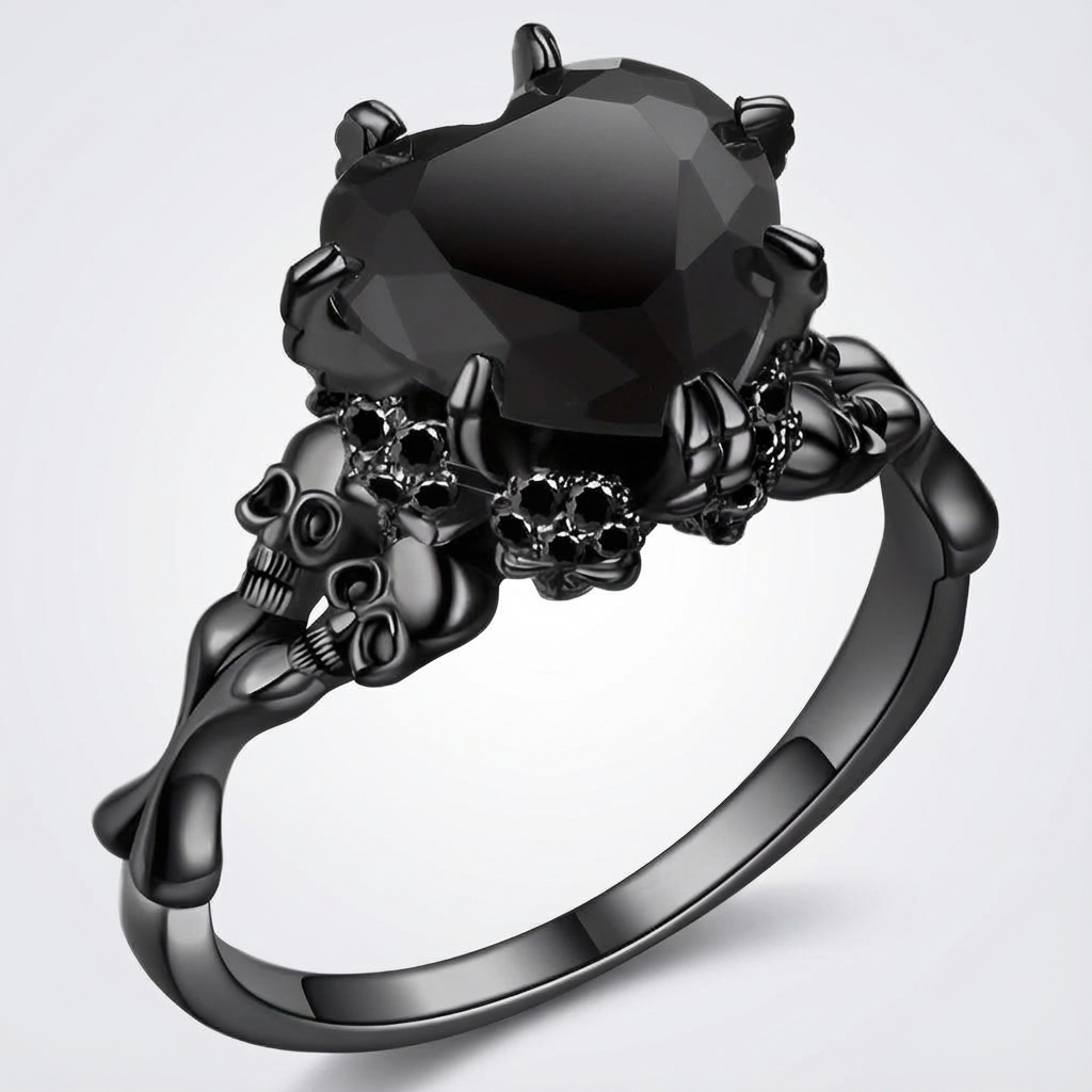 Gothic Black Double Skull Ring with Red Heart-Shaped Crystal – Vintage Women’s Jewelry for Parties, Weddings, and Casual Attire, Skull Jewelry