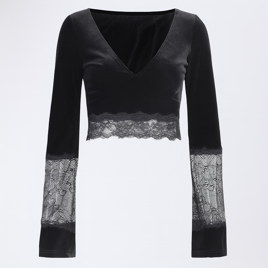 Sheer Lace Flared Sleeve Crop Top