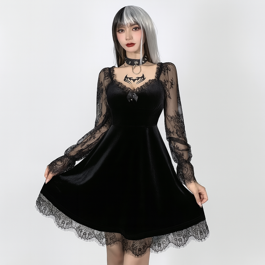 Gothic Ruffled Lace Mini Dress in Black Red and Burgundy